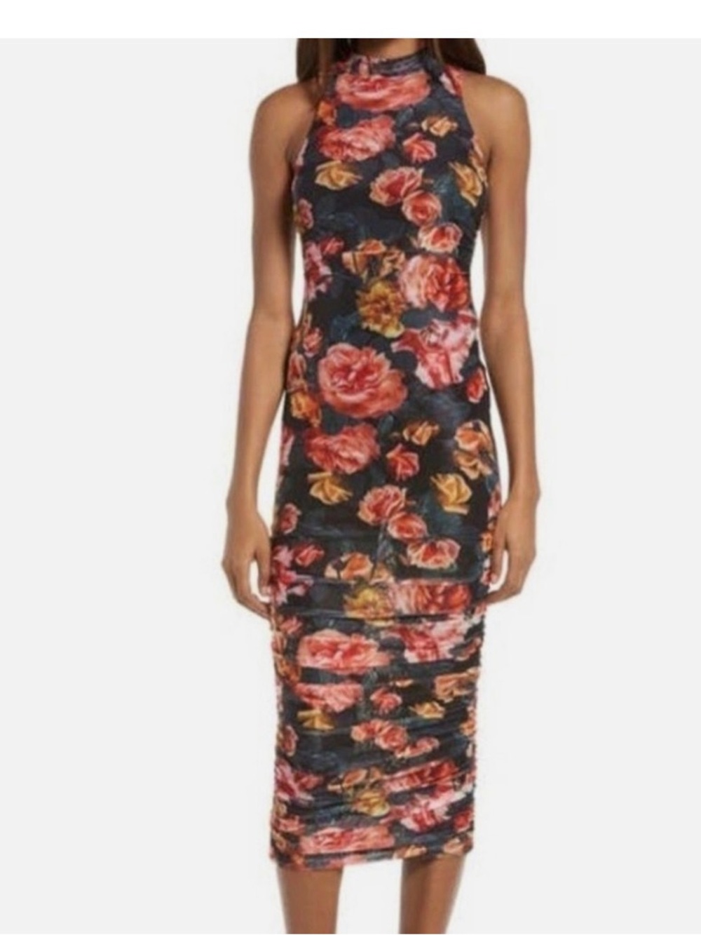 Fall Floral Mock Neck Midi Dress in Black with Rose Print